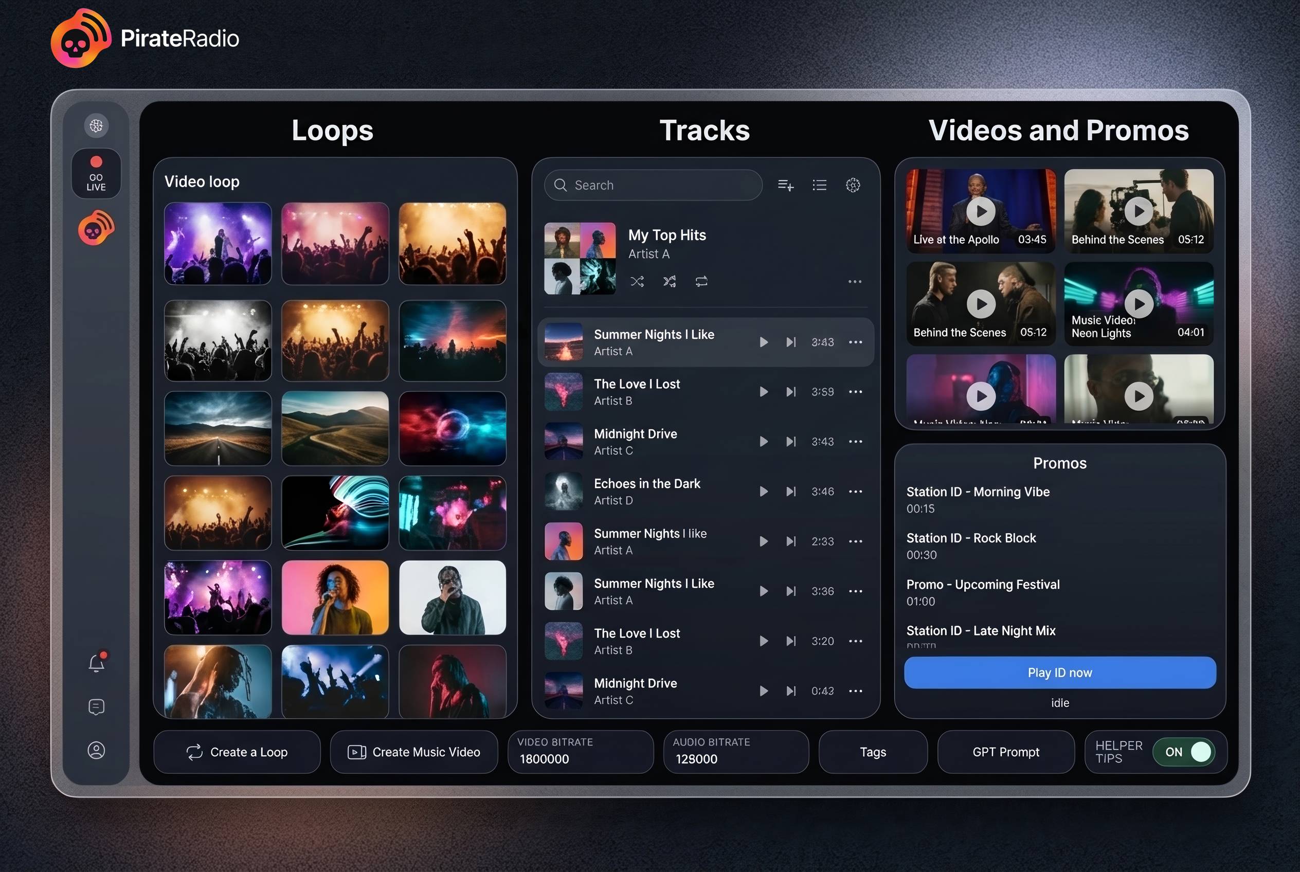 PirateRadio app interface showing loops, tracks, and station controls